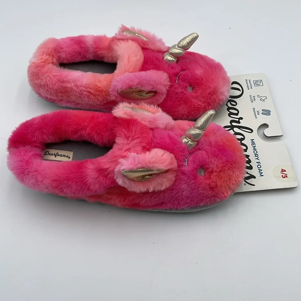 Kids‎ Dearfoams Memory Foam Unicorn Multi Colored Pink Slippers - 4/5